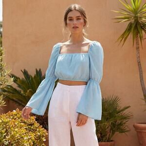 STAUD Bell Sleeve Cropped Top Square Neck in Blue Made in LA Size 4
